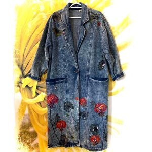 HAND PAINTED Denim Trench Coat (Sz L/XL)